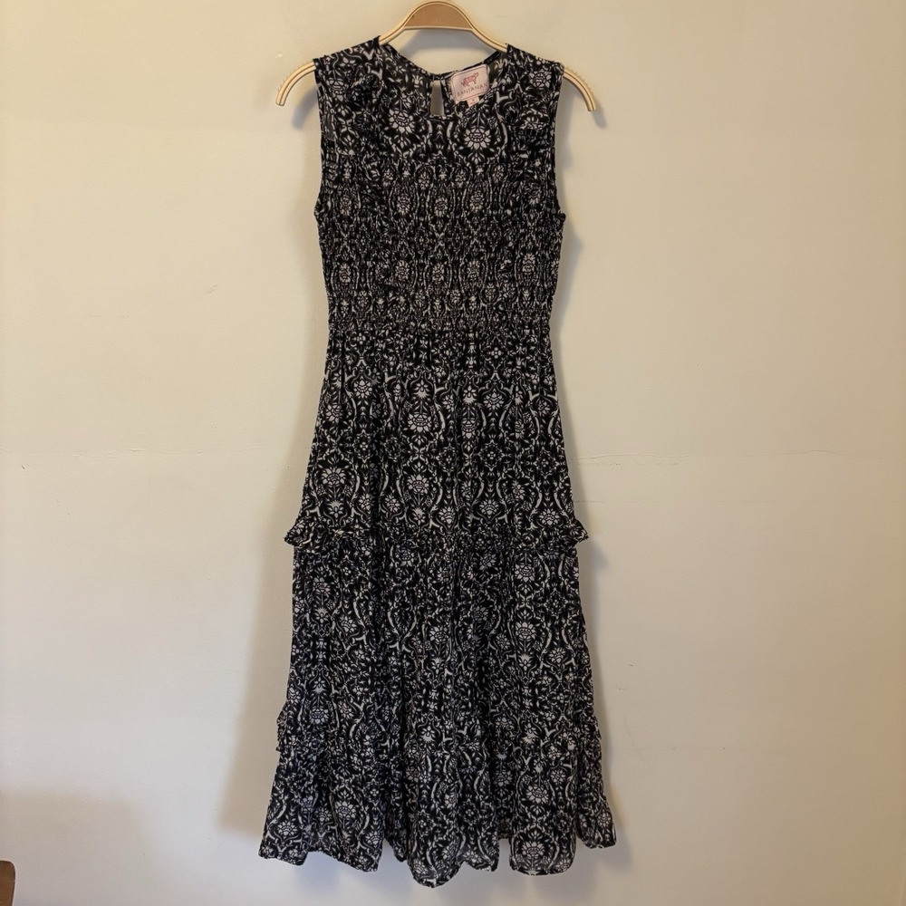 Banjanan Iris Smocked Sleeveless‎ Black Floral Tiered Ruffle Maxi Dress S Cotton